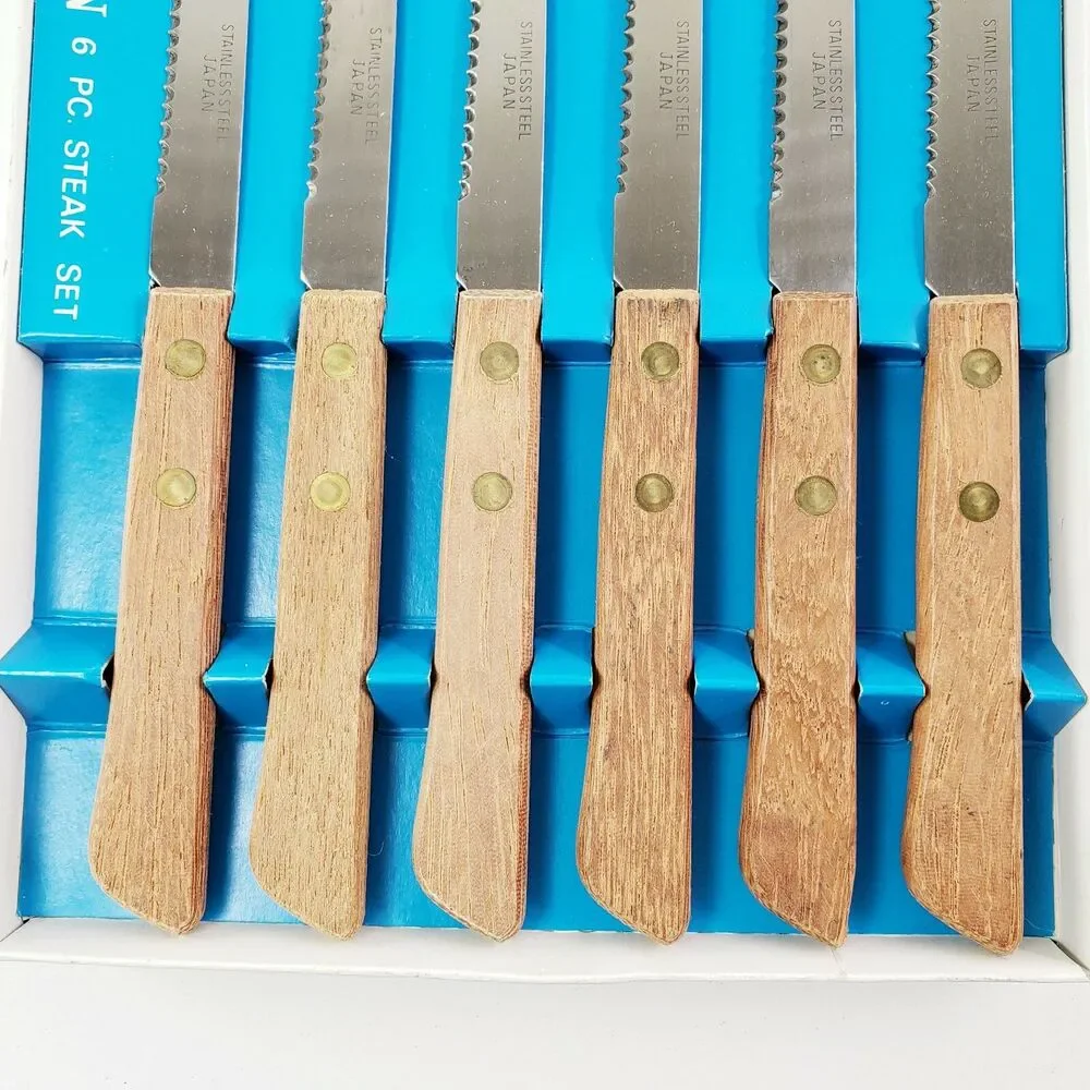 Vtg Champion 6 Pc Steak Knives Serrated Wood Riveted Handles Kitchen Utensils